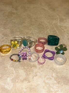 Fun Assorted Colorful Resin & Bead Rings - Yellow, Green, Pink, Purple, Teal